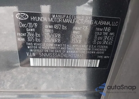 2020 Hyundai Santa Fe Sel z USA, uszkodzony, nr VIN 5NMS33AD4LH212861
